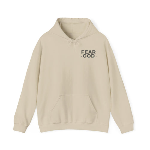 Fear God Hoodie — Minimal Christian Faith Pullover with Back Vertical Text (Psalm 111:10)