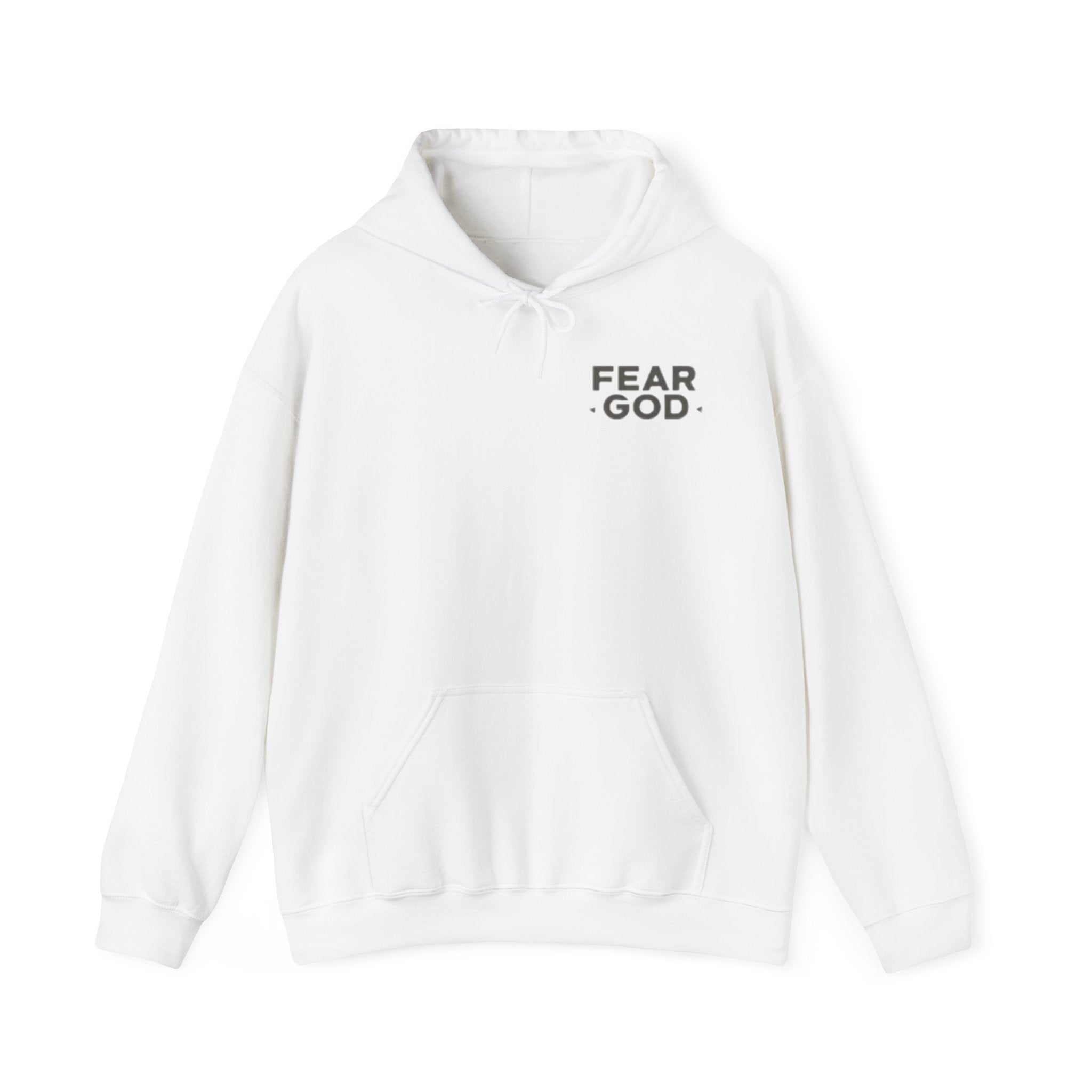 Fear God Hoodie — Minimal Christian Faith Pullover with Back Vertical Text (Psalm 111:10)