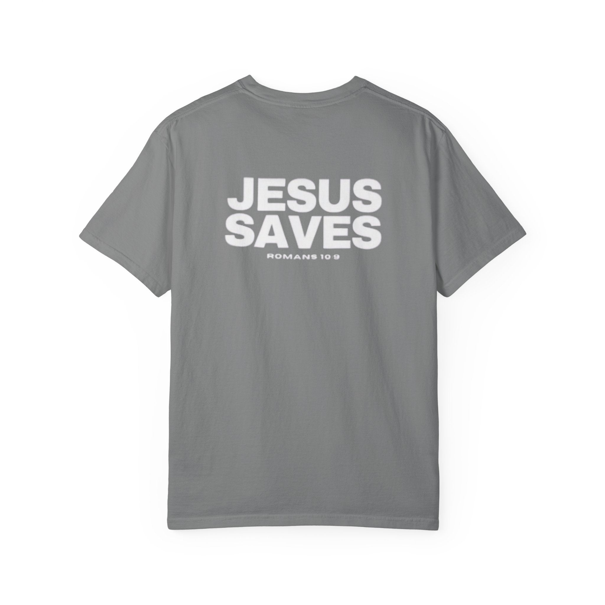Jesus Saves T-Shirt — Minimal Cross Front & Bold "JESUS SAVES" Back Christian Tee