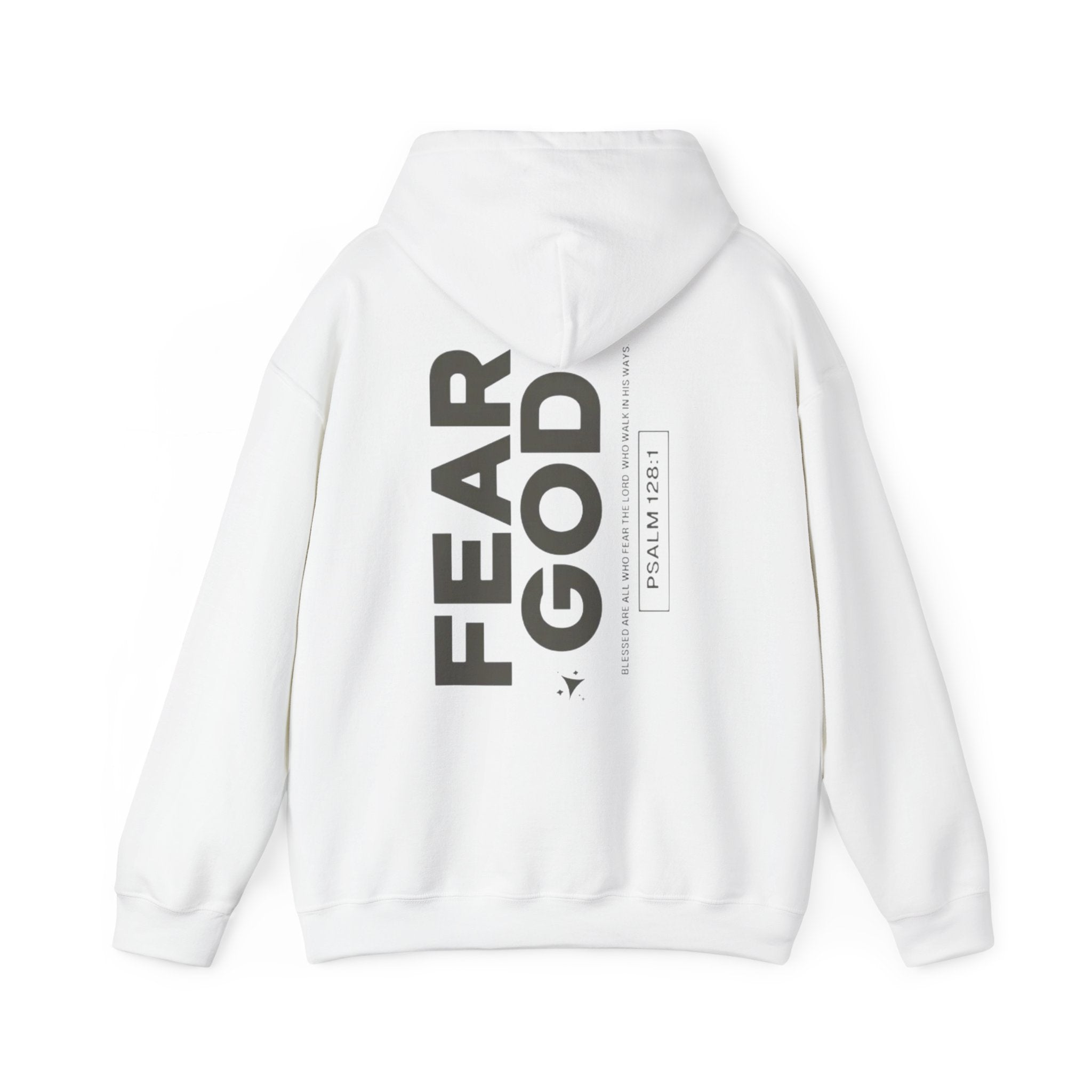 Fear God Hoodie — Minimal Christian Faith Pullover with Back Vertical Text (Psalm 111:10)