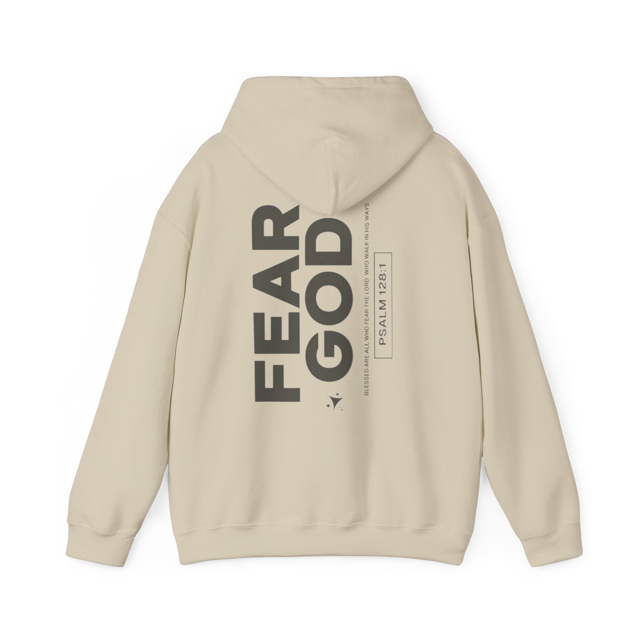 Fear God Hoodie — Minimal Christian Faith Pullover with Back Vertical Text (Psalm 111:10)